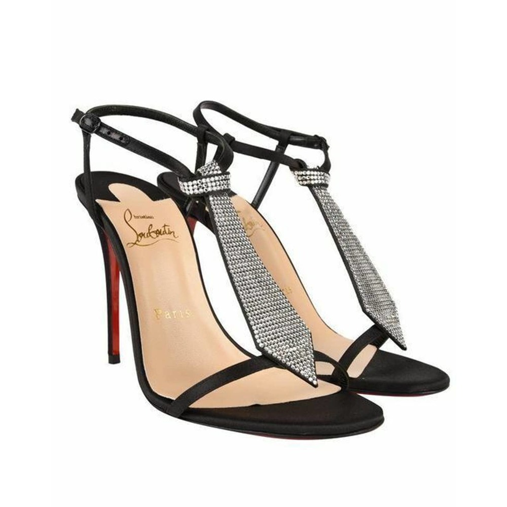 NIB LOUBOUTIN T CAB 100 BLACK CREPE SATIN JEWELED TIE ANKLE STRAP PUMPS 40.5 - Picture 1 of 12